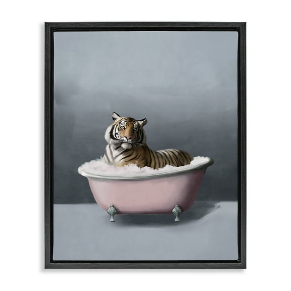 Stupell Industries Tiger in the Bathtub Bath & Laundry Painting Black Floater Framed Canvas Art Print Wall Art, 17 x 21