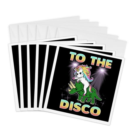 3dRose, Funny Dinosaur with Riding Unicorn To the Disco Gift, 6 Greeting Cards with envelopes