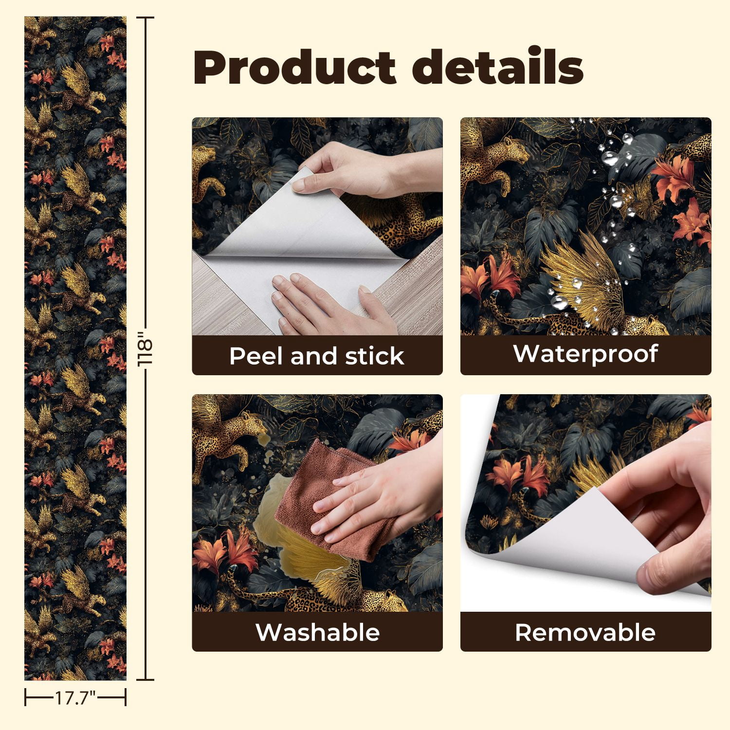 Peel and Stick Wallpaper Golden Winged Leopards Jungle Floral Tropical Leaves Wall Mural 17.7in x 9.8ft Self Adhesive Removable Wall Paper Renter Friendly Wallpaper for Nursery Bedroom Cabinets