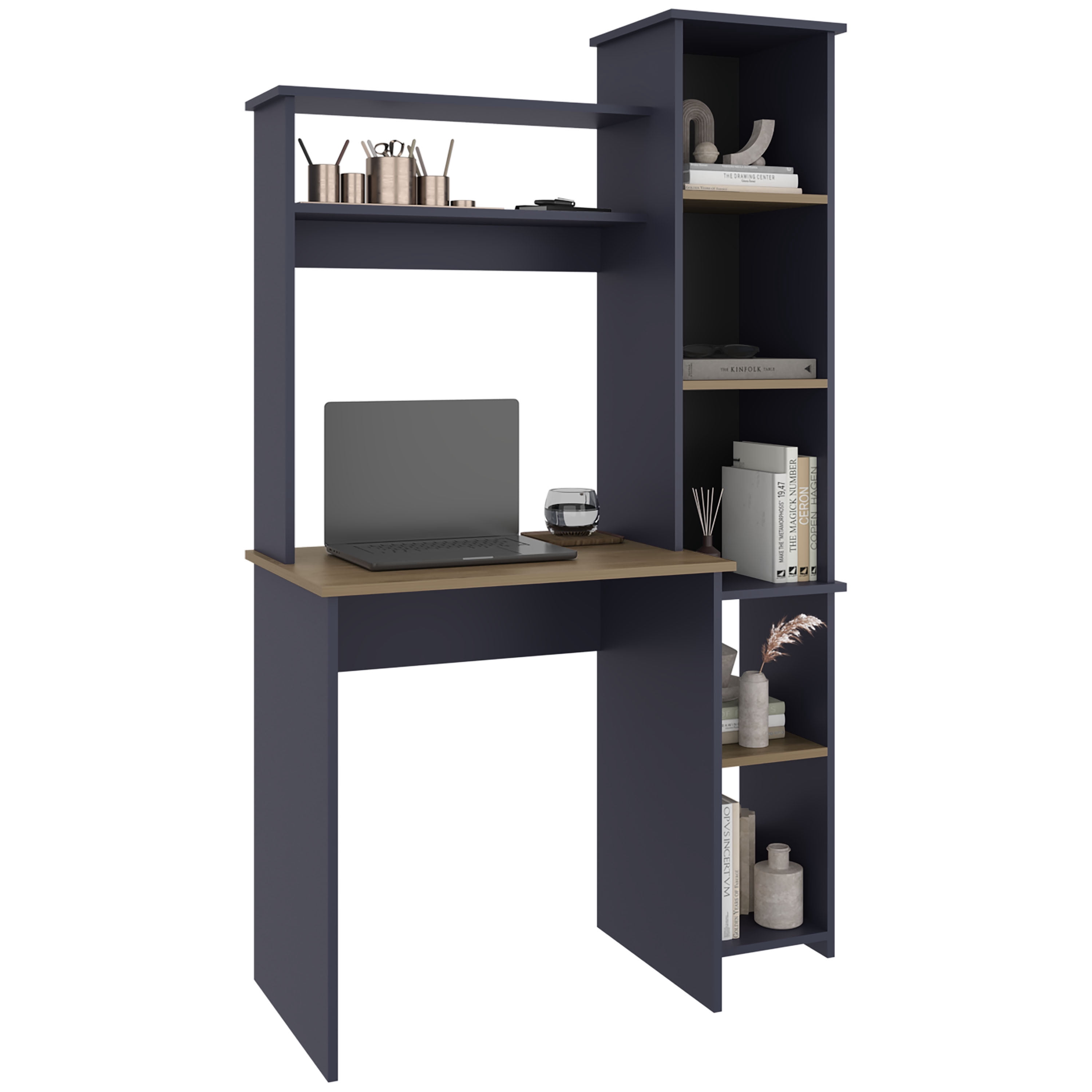 Versalles Writing Desk, Modern Studio or Office Desk, Two Superior Shelves, And Five Side Open Shleves For Books Organization, Navy Blue