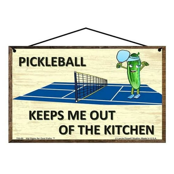 5x8 Pickleball Sign - Pickleball Keeps Me Out of the Kitchen - Vintage Style Funny Pun with Humanoid Pickle Playing The Game - Decorative Home Décor Gift for any Pickleball Player