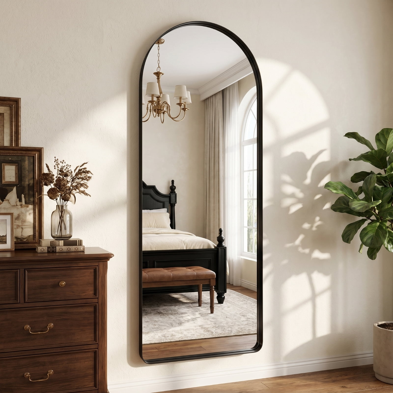GRAHMCY 21"x64" Arched Floor Mirror Rounded Corner Full Length Mirror with Deep Frame, Black