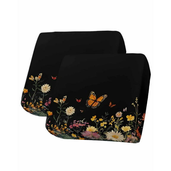 Farmhouse Floral Sofa Couch Cushion Covers Washable, Removable Stretchable Sectional Couch Covers, Spring Flowers Black Slipcovers for L & T Shape Sofa Furniture Protector S Size 2 pcs