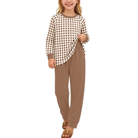 Xdegoge Tween Girls Pajamas Sets 2 Piece Lounge Soft Long Sleeve Plaid Checkered Top and Jogger Pants Matching Set Comfy Daily Sleepwear Pjs
