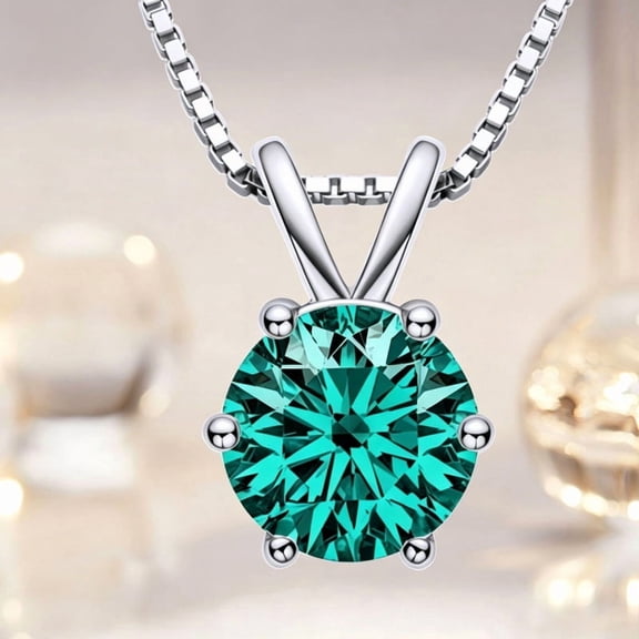 Women's Teal Round Stone Pendant Necklace, Silver-Tone Solitaire Necklace, Elegant Fashion Pendant Necklace for Women