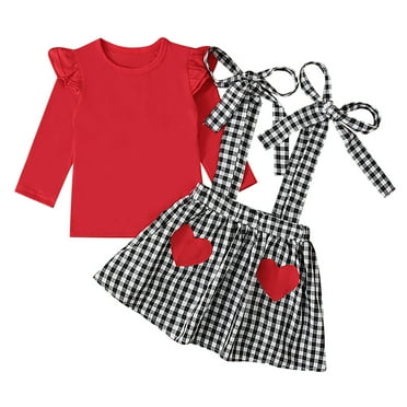 GigrtiJin Toddler Girl's 2 Piece Outfits Long Sleeve Ruffle Top and Houndstooth Suspender Skirt Cute Casual Fashion Set