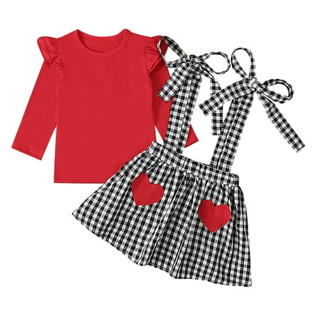 

Toddler Kids Baby Girls Valentine s Day Suspender Skirt Outfits Fashion Cute Long Sleeve Letter Sweet Love Printed Ruffles Tops Plaid Strap Skirt A-Line Dress Suit Two-Piece Set 6Months-4Years
