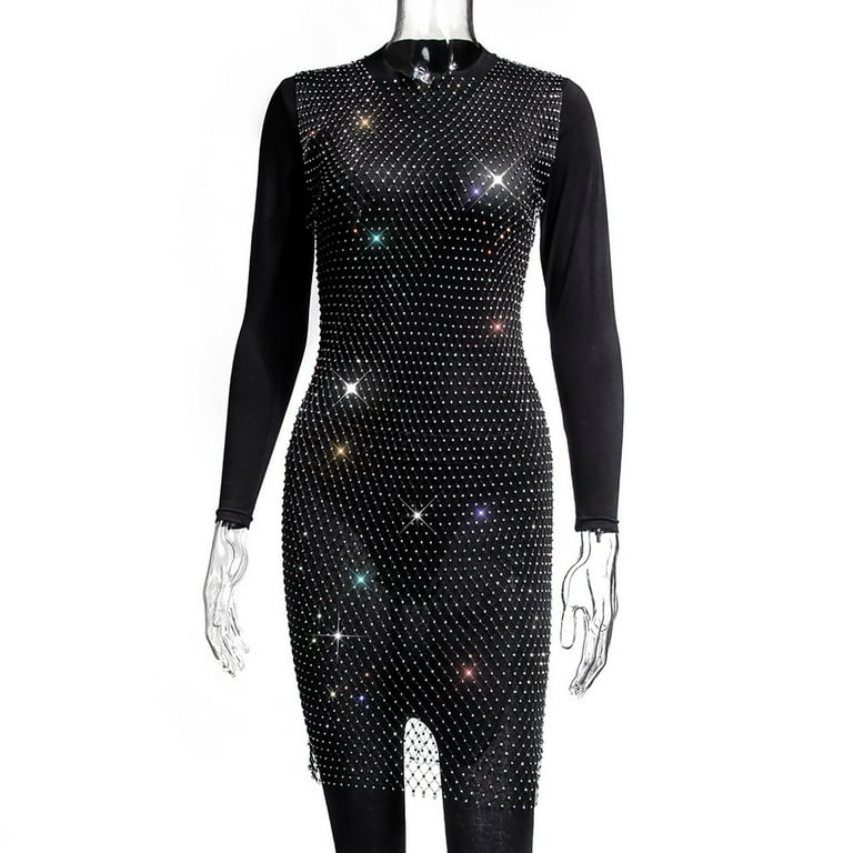 Yoodem Dresses Women Holiday Dresses for Women Mesh Sexy Shinny Rhinestone Diamond Dress Lingerie Fishnet Dress Party Dresses for Women Black L Walmart