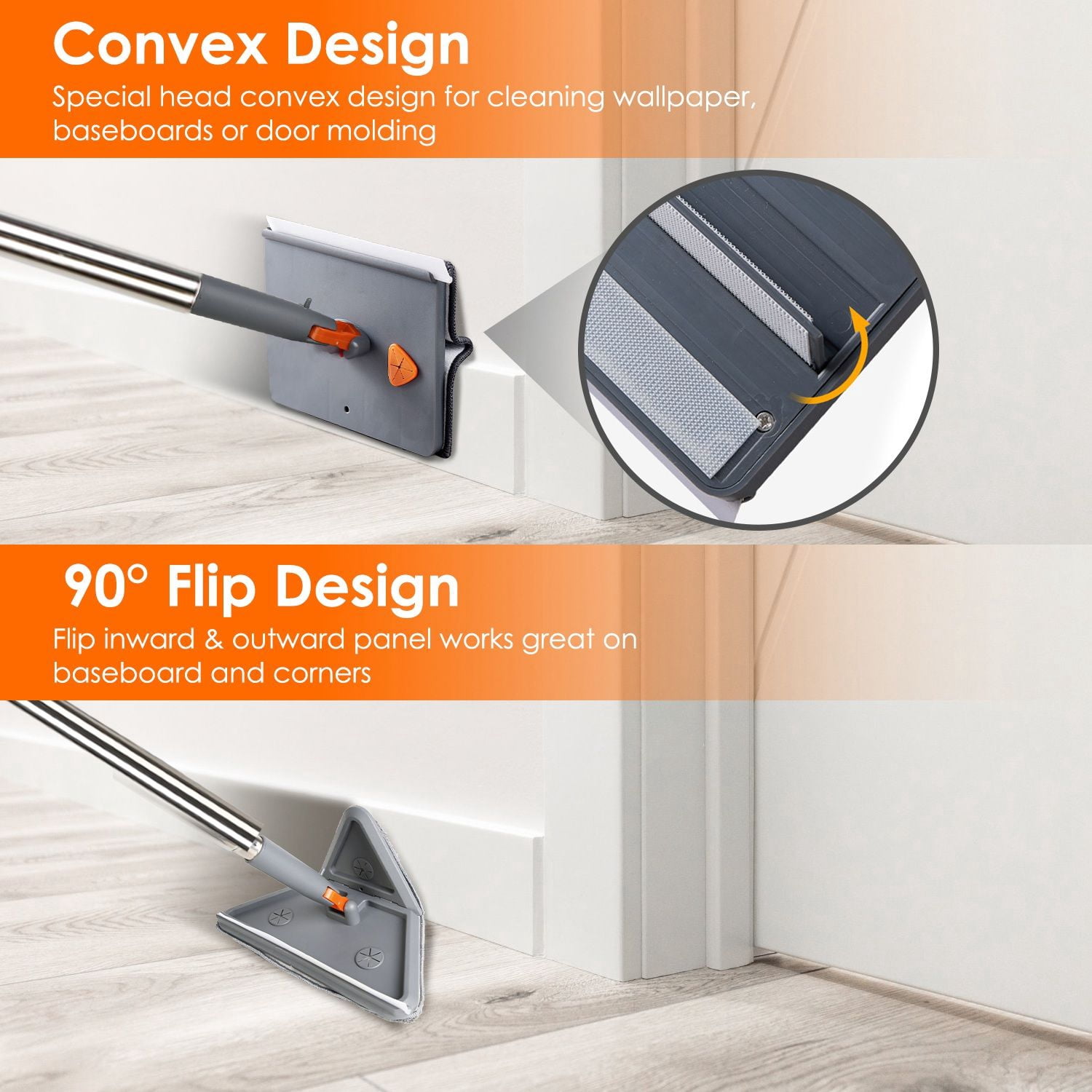 Wall & Baseboard Cleaning Mop with 8 Reusable Pads, 5-Section Extendable Stainless Steel Handle, 90° Flip Design, Hanging Holder for Home Cleaning