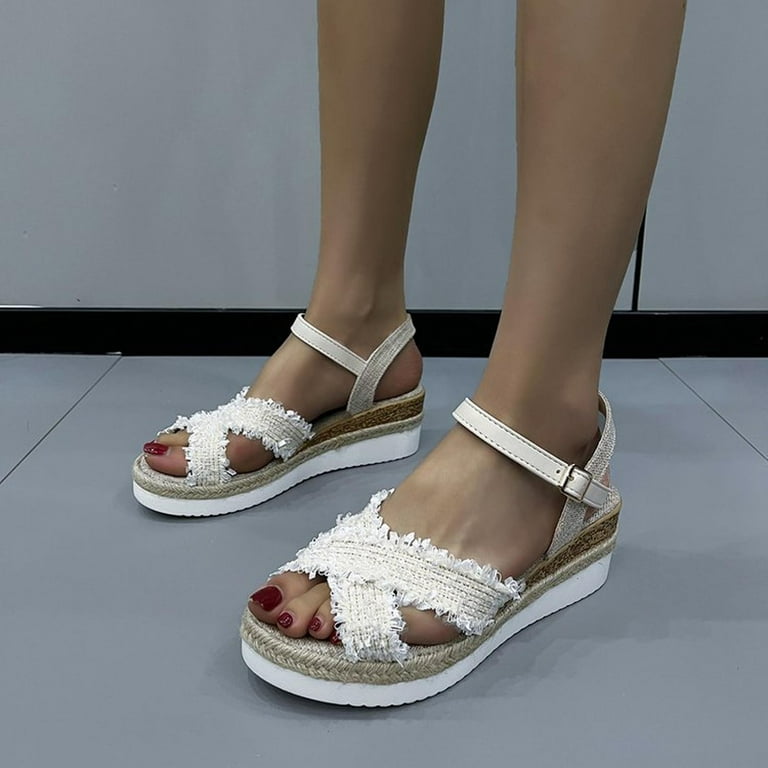 CTEEGC Womens Open Toe Sandals Summer Roman Style Woven Back Trip Strap  Slope Heel Sandals Beach Sandals 