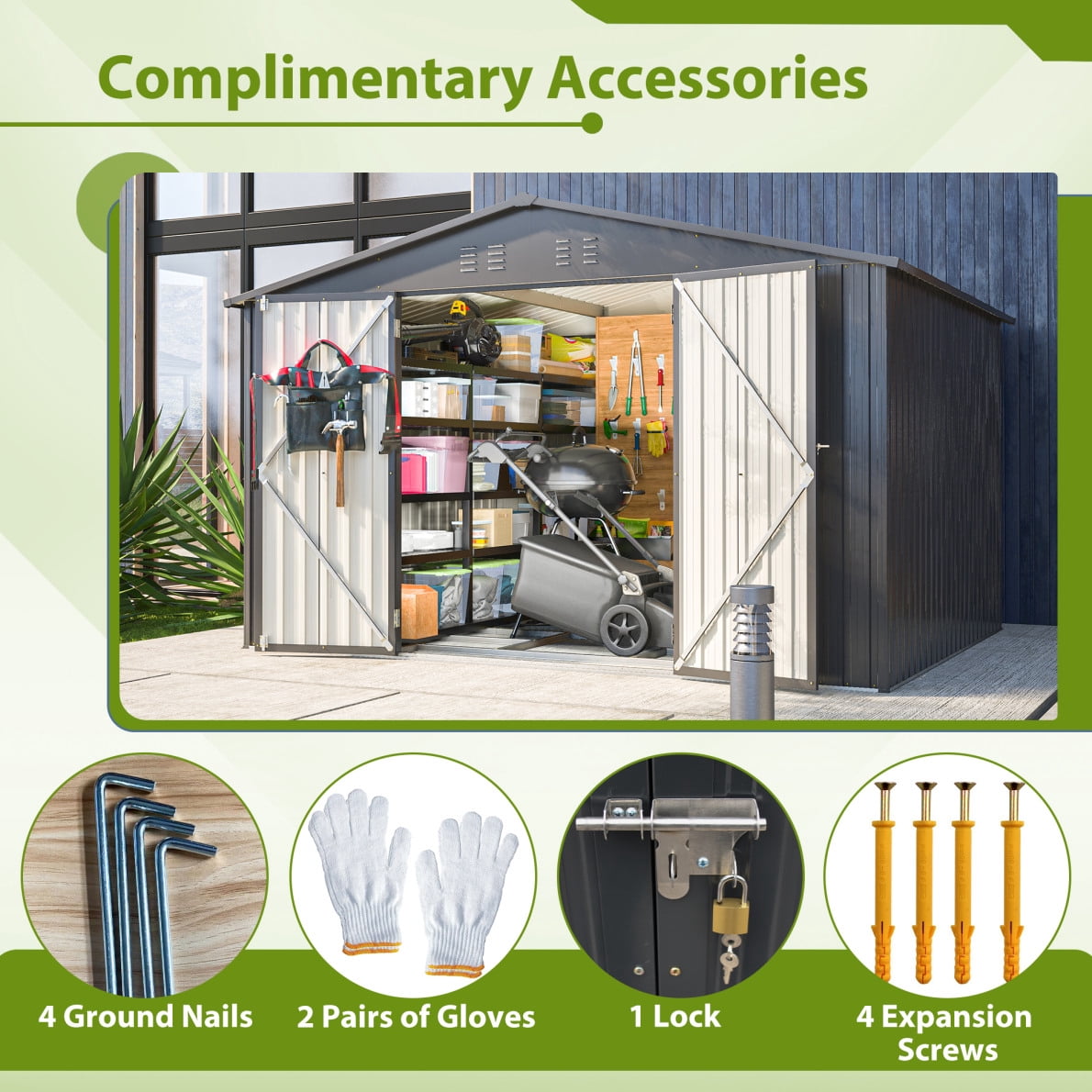 10X8 FT Outdoor Storage Shed, Metal Tool Shed & Outdoor Storage with Lockable Door and Vents Ideal for Bicycles, Tools, Lawnmowers, Backyards, Patios, Lawns