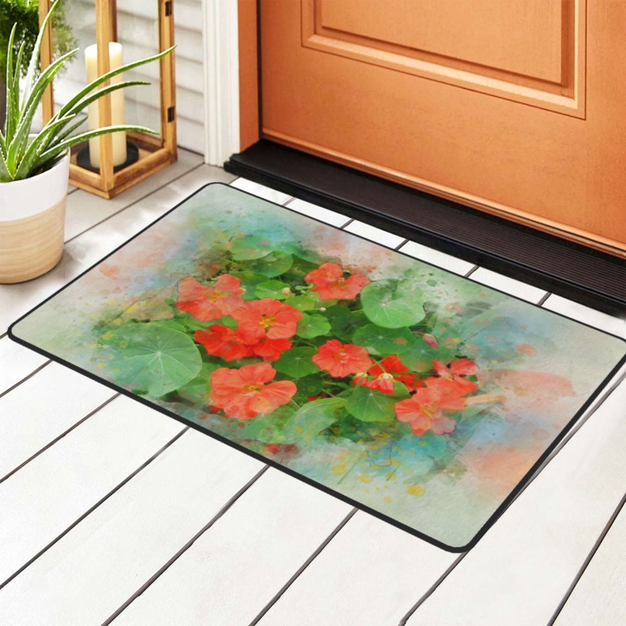 Watercolor Nasturtium Flower Rugs Doormat, NonSlip Machine Washable