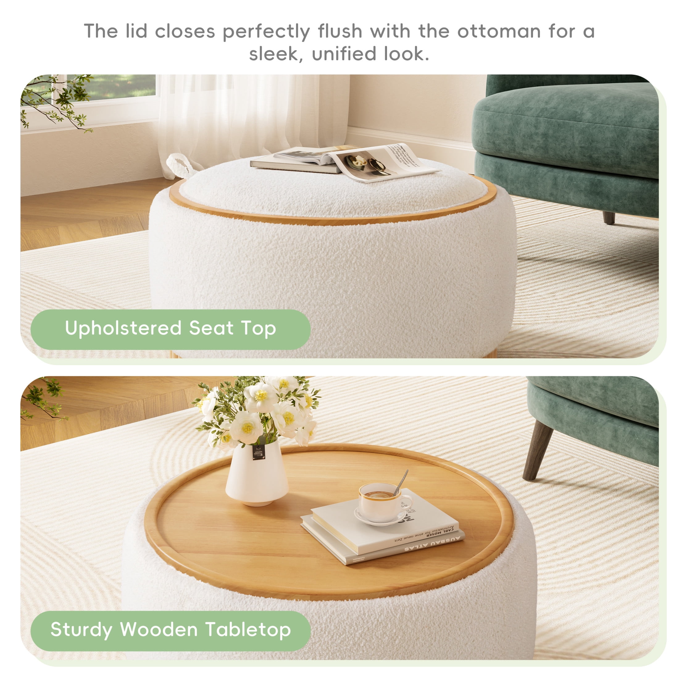 Noble House 29" Round Storage Ottoman with Reversible Wood Tray Lid and Base, Chenille Upholstered Footrest, Beige