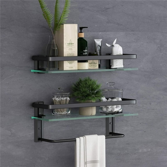 15.7-inch Wall-Mounted Floating Glass Bathroom Shelf with Towel Holder - Black