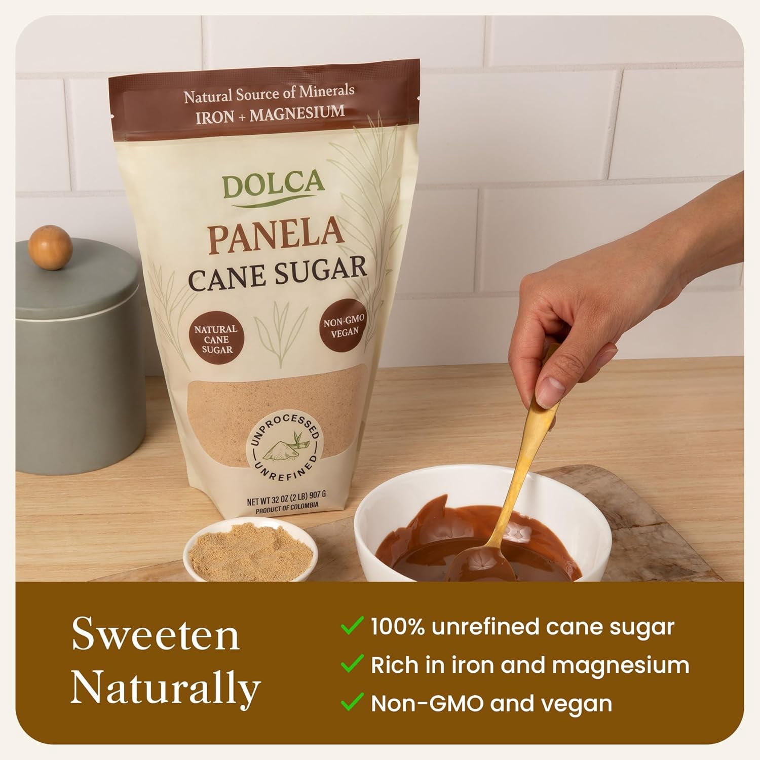 Dolca Panela Sugar – Natural Unrefined Evaporated Cane Juice – Granulated Cane Sugar - Rich Caramel Flavor – Brown Sugar 1:1 Alternative for Coffee, Tea & Baking