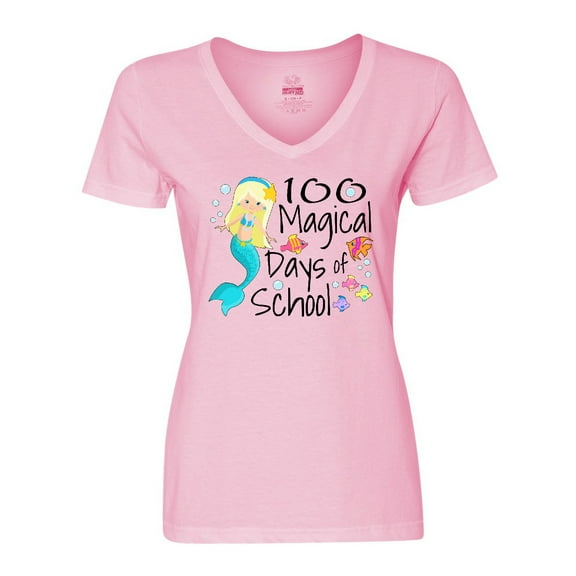 Inktastic 100 Magical Days of School with Blue Mermaid and Fish Women's V-Neck T-Shirt