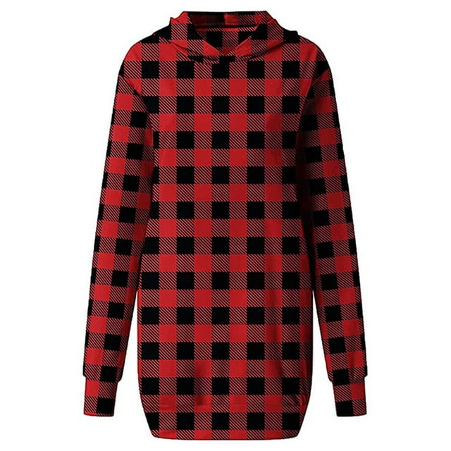 MAWCLOS Robes à Capuche pour Femmes Midi Longues Chandail à Capuche à Enfiler Manche Chandail Robe Décontractée Automne Carreaux Rouge 2TG