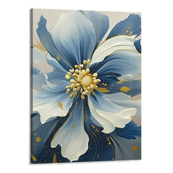 Creowell Blue Flower Wall Art Paintings Blue and Gold Canvas Wall Art Decor for Bedroom Modern Abstract Blue and Gold Floral Pictures Blue Floral Art Prints for Living Room 16x20 Inch