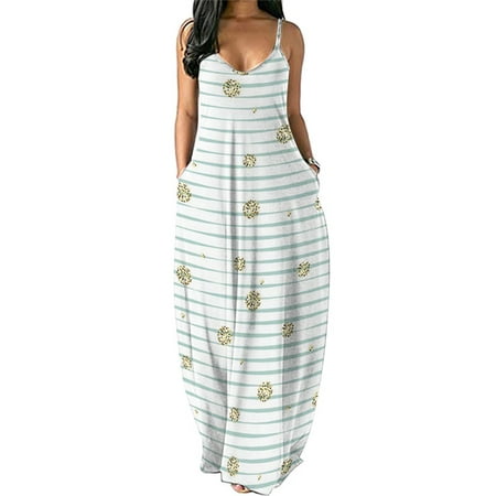 

Capreze Women Pajama Sleep Long Dress Nightgown Strap Nightdress Summer Sleeveless Nightshirt Lounge Maxi Dress with Pocket
