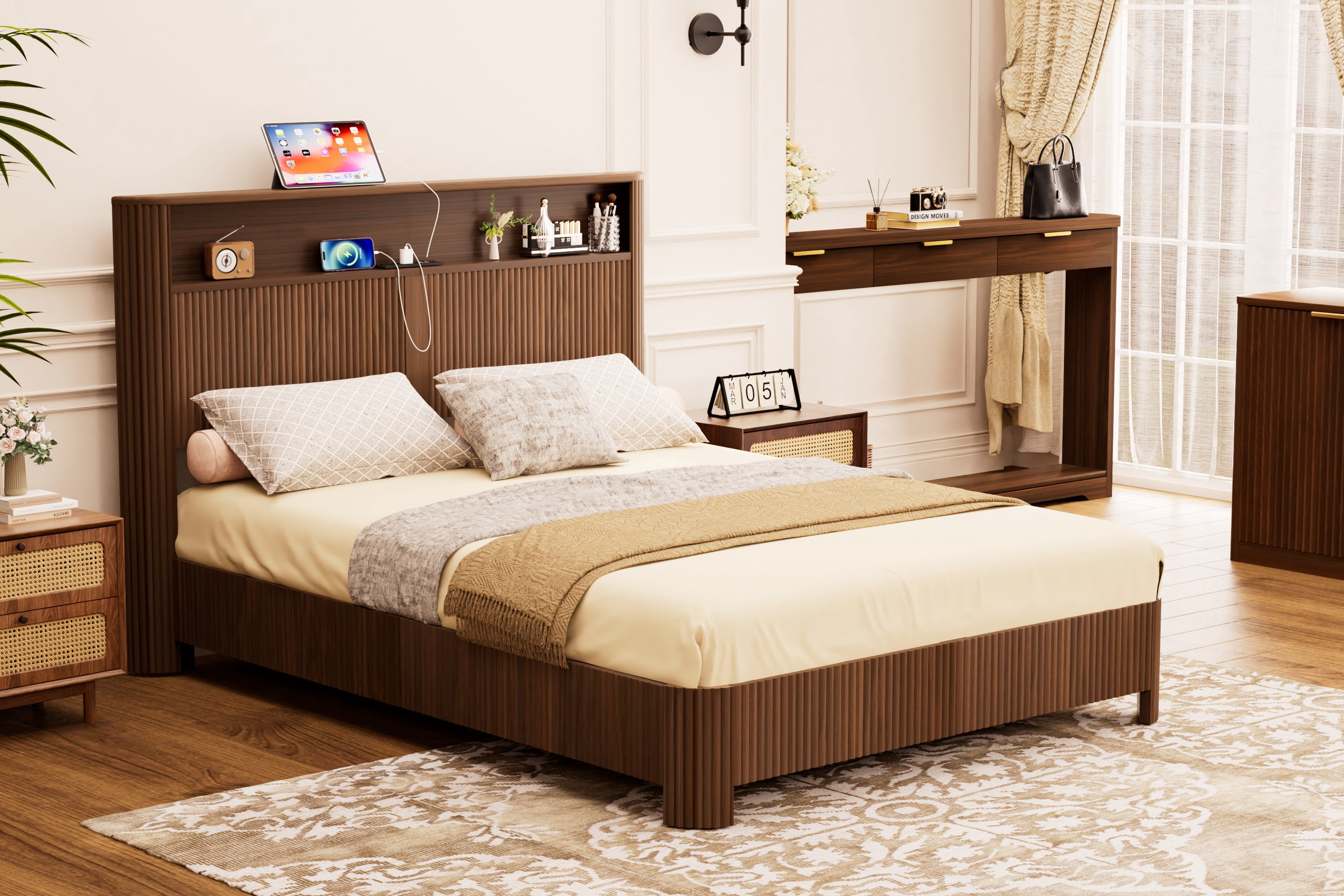 Queen Size Bed Frame,Modern Wave-Shaped Platform Bed with Storage Headboard,Built-in Charging Ports,Noise-Free Metal Support Structure,No Box Spring Needed