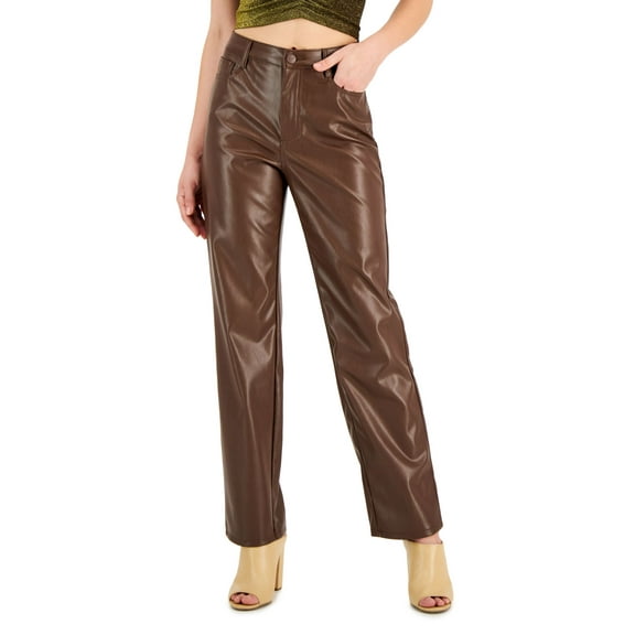 Juniors' Faux-Leather High-Rise Wide-Leg Jeans Brown 5