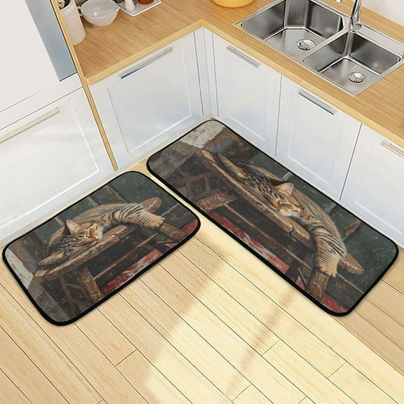 Kitchen Rugs and Mats【2 PCS】Non Skid Sleeping Cat Painting Creative Kitchen Mat