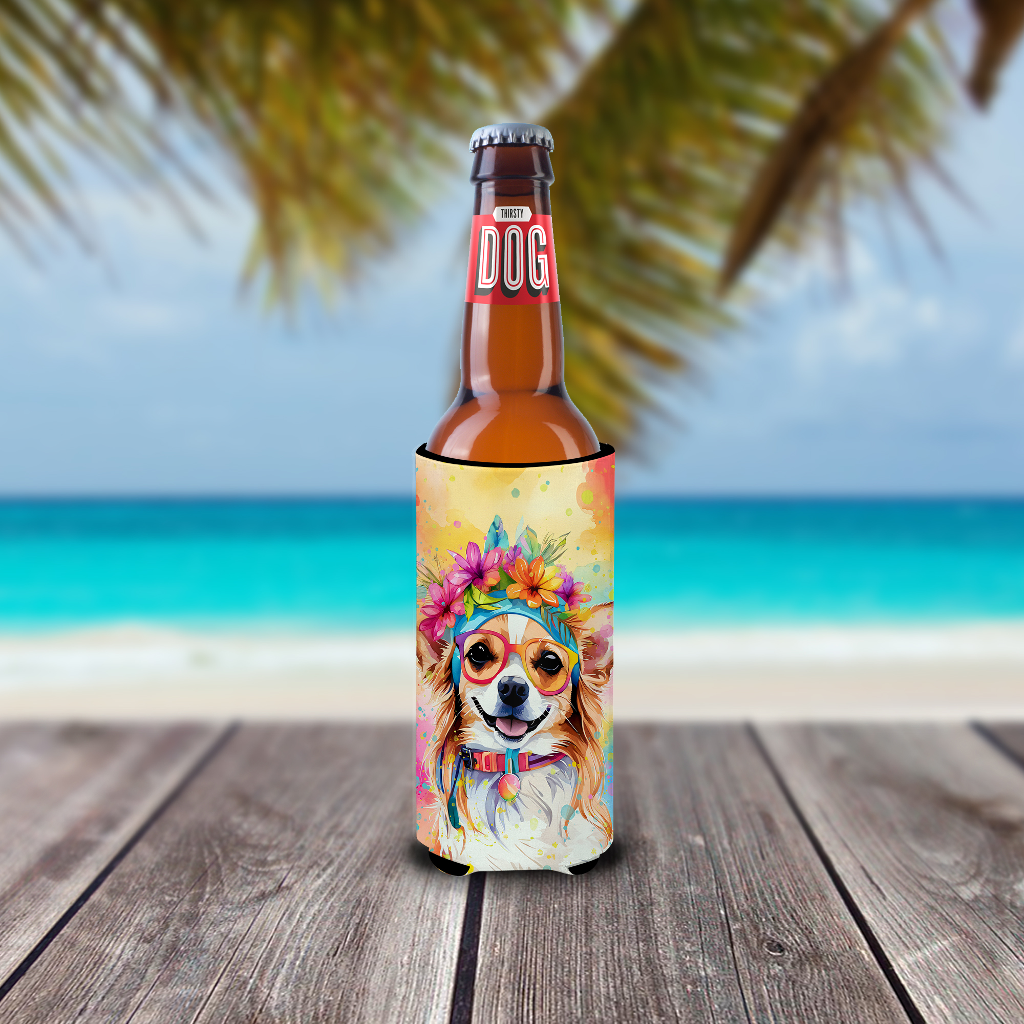 Chihuahua Hippie Dawg Hugger for Ultra Slim Cans 4 in x 6.5 in