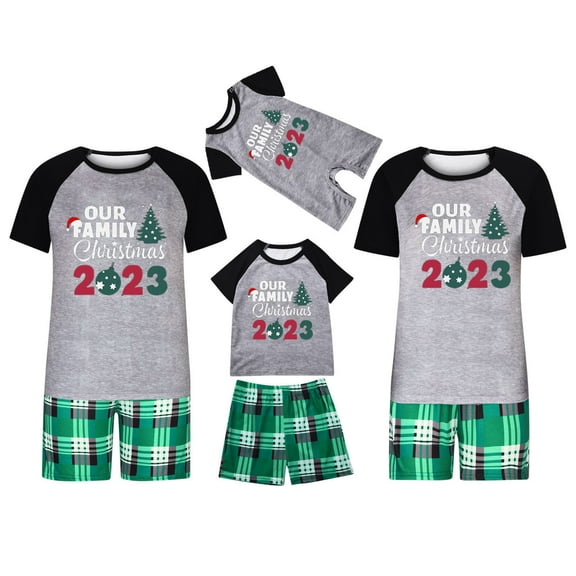 Penkiiy Matching Family Pajamas Christmas Pajamas for Family Xmas Matching Sets Short Sleeve Shirts and Plaid Shorts Santa Christmas Tree Sleepwear Two-piece Sets Gray 10-11 Years