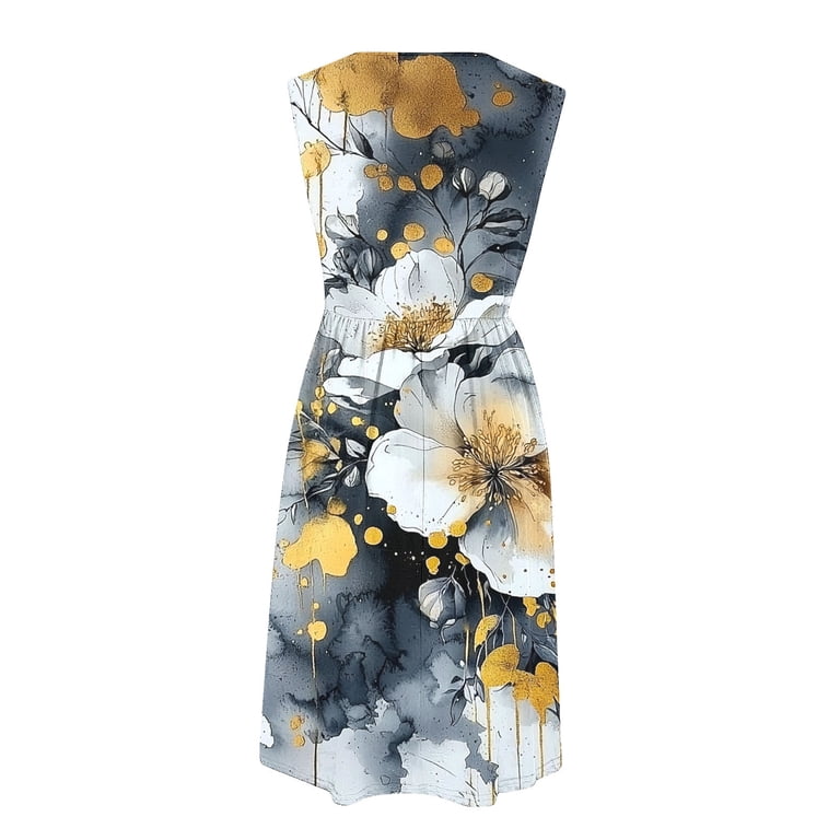 smocked printed sleeveless a line dress Ayolanni Sleeveless Dresses for Women Long Formal Crew Neck A-Line Dress Gray Floral Print Smocked Business Sundress with Pockets L, Women's, Size: