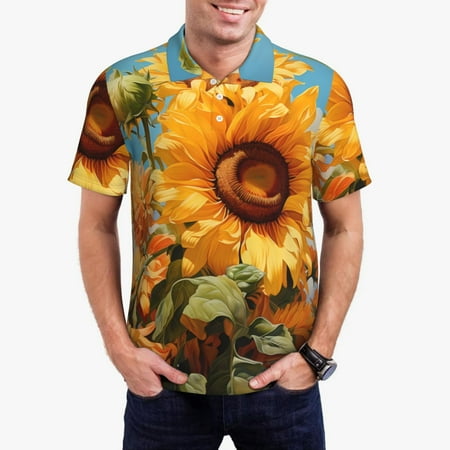 Rateoe Sunflower Blue Sky Pattern Men s Short Sleeve Polo Shirts Golf Polo Shirts Short Sleeve Performance Moisture Wicking Dry-Small