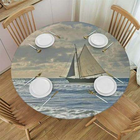 

Sailing Ship Round Fitted Tablecloth with Elastic Edge Sandy Beach Moody Print