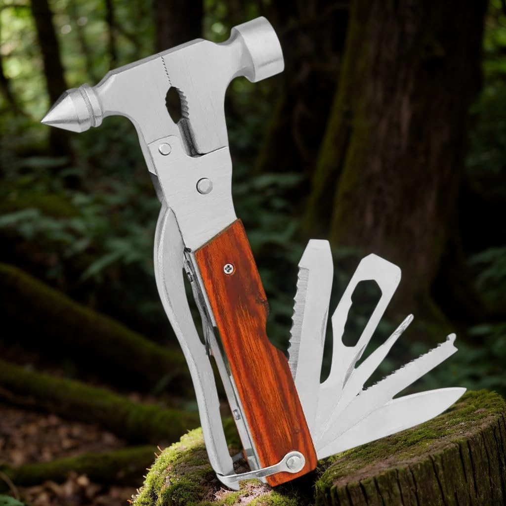 ABCISI Window Breaker, Multitool with 16-in-1 Survival Gear for Camping Hiking and DIY Jobs with Hammer, Plier, Pocket Knife, Bottle Opener, Wrench, Screwdriver