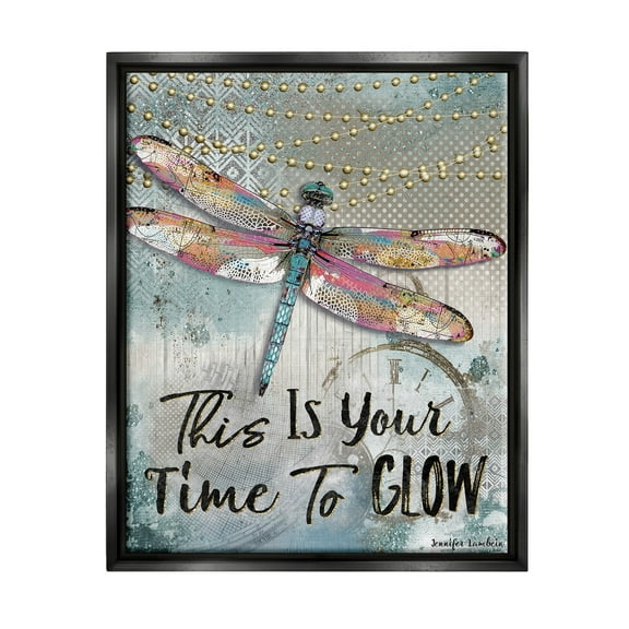 Stupell Industries Blue Lights This Is Your Time To Glow Inspirational Dragonfly Jet Black Framed Floating Canvas Wall Art, 16x20, by Jennifer Lambein