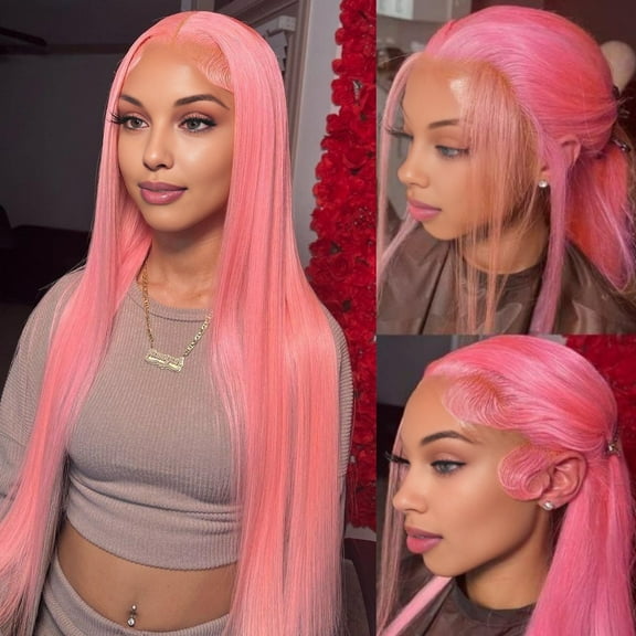 Rose Pink Colored 13x4 Lace Front Wig Straight Brazilian Remy Human Hair Wigs Preplucked Natural Hairline High Density Elegant Hairstyle For Women Daily&Birthday&Wedding Use Wig 180 Density 16 Inch