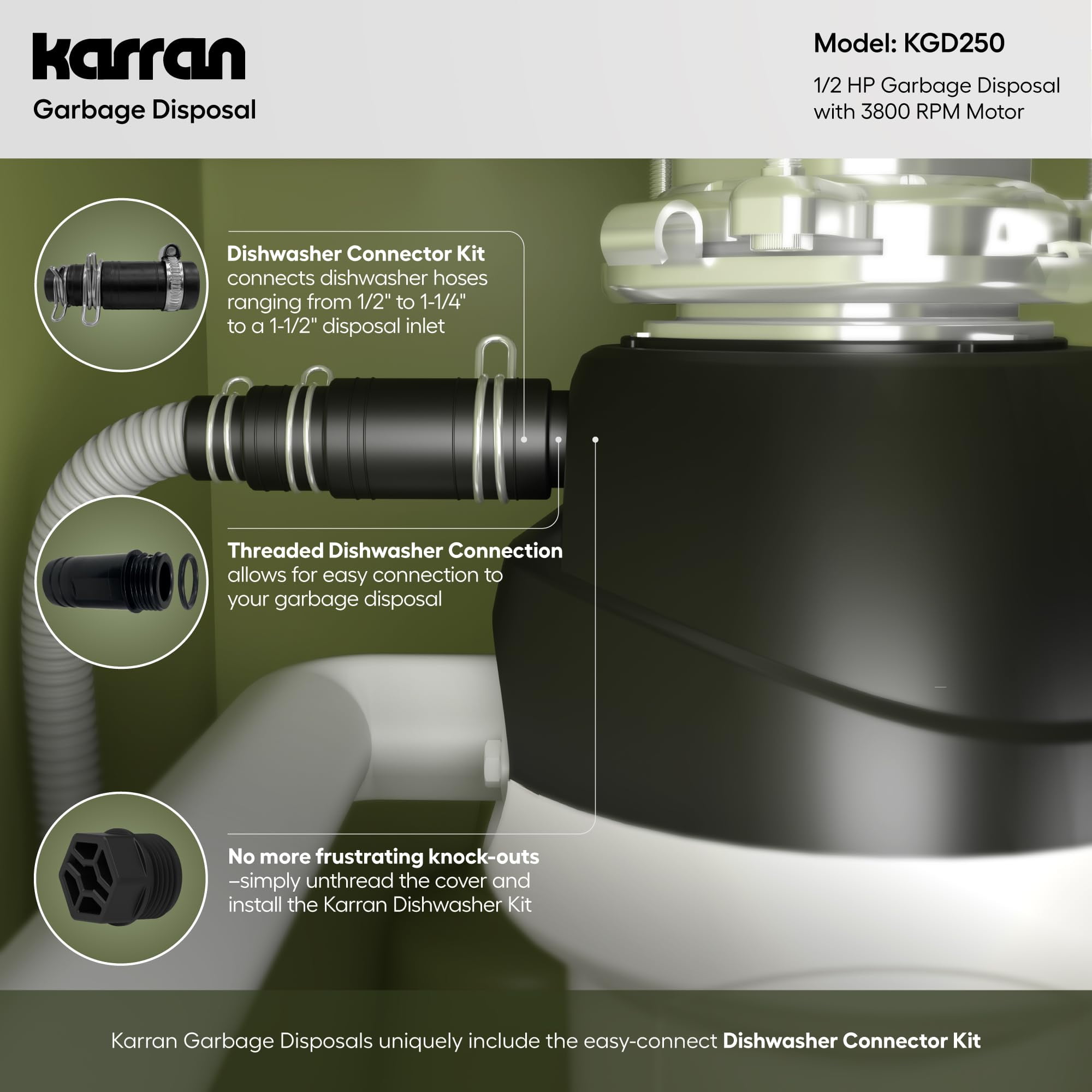 Karran 1/2 HP Garbage Disposal Quiet Continuous Feed 3800 RPM Stainless Steel Chamber