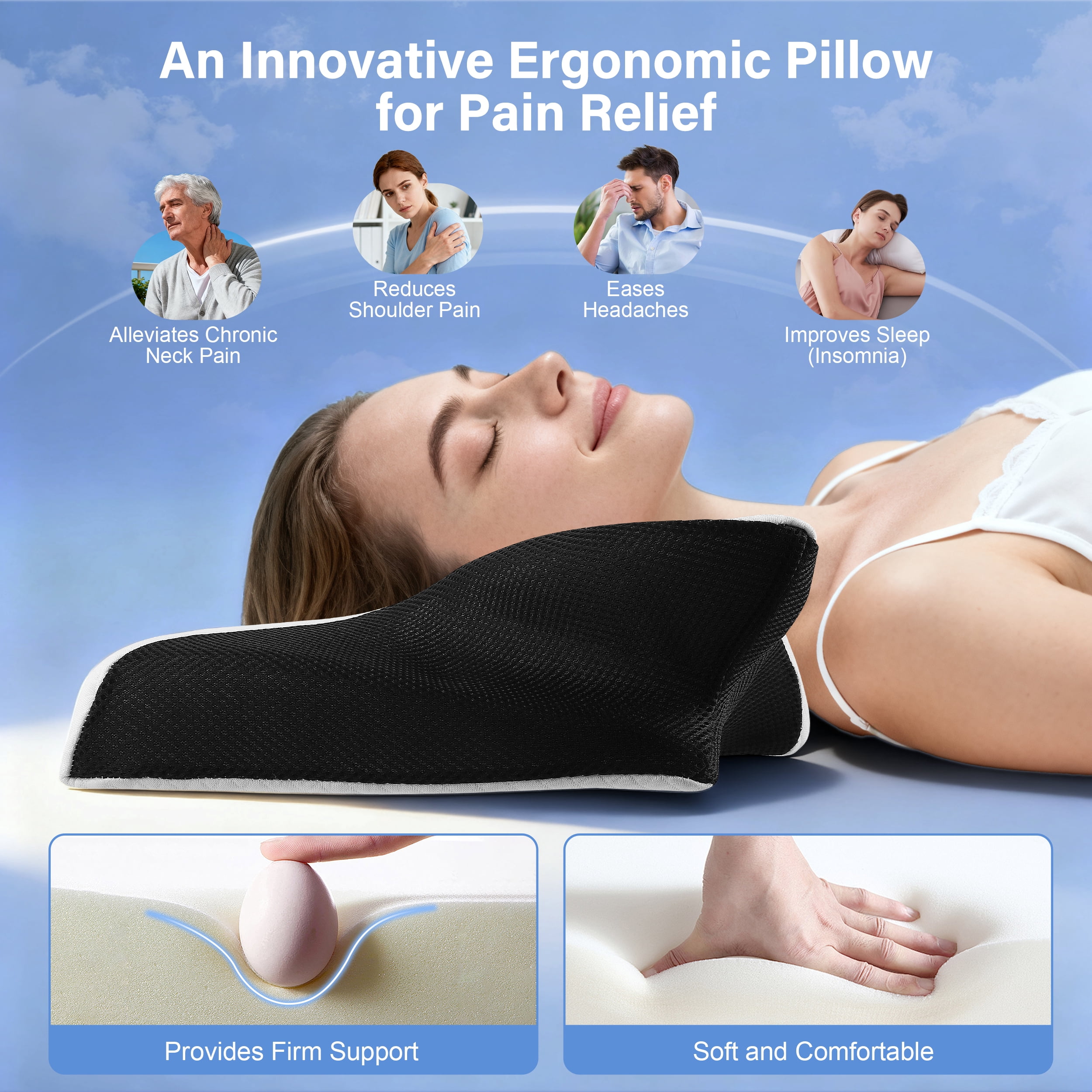 RELOIVE Cervical Neck Pillow for Pain Relief,Contour Memory Foam Pillow,Ergonomic Neck Support Pillow for Side Back Stomach Sleepers with Pillowcase