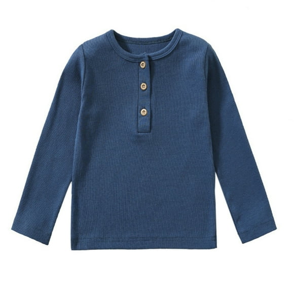 PMVFHDE Tshirts Shirts for Boy Long Sleeve T-Shirts Toddler Basic Fashion Button Tee Tops, Light Undershirt Solid,Blue,5-6 Years