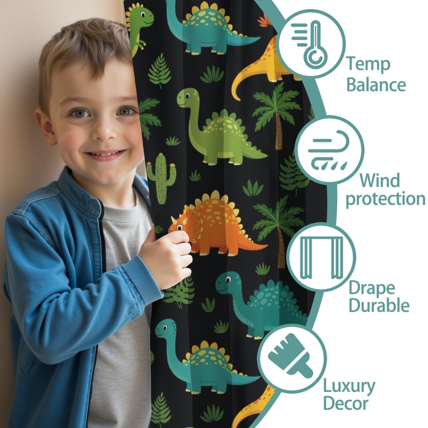 Blackout Kids Curtains,Black Colorful Dinosaurs Pattern Childrens Insulated Curtains Set Of 2,Bedroom Essentials,Toddler Room Decor 42"x54"