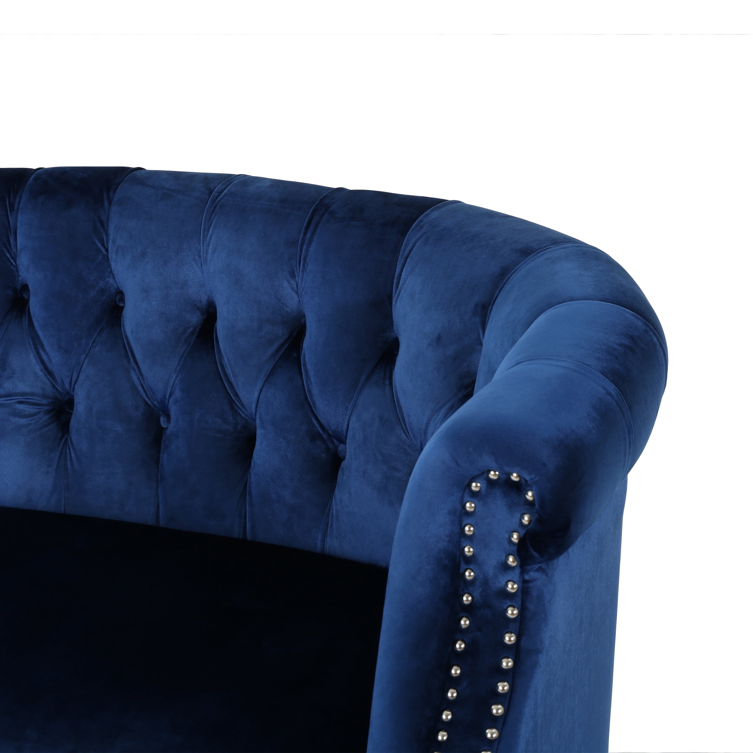 Noble House Myrna Chesterfield Velvet Loveseat with Scrolled Arms, Navy Blue