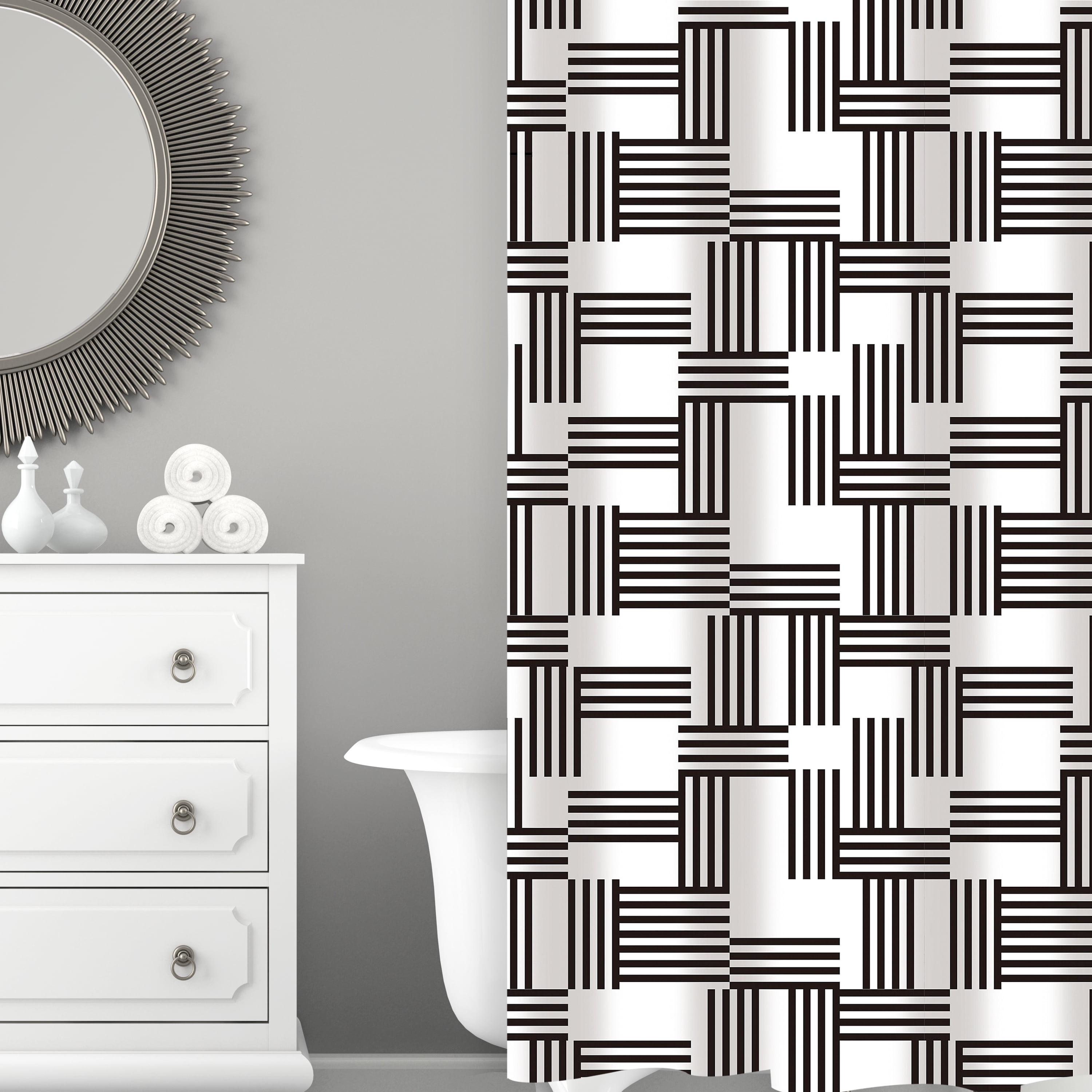 Bath Bliss White/Black Woven Stripes Design PE and EVA Shower Curtain, 70" x 72"