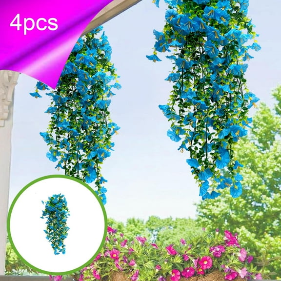 4pcs Morning Glory Artificial Flowers 30inch, UV Resistant Hanging Artificial Morning Glory Vine, Silk Fake Plants Hanging Basket for Outdoor Wedding Yard Garden Decor, Home Garden Decoration