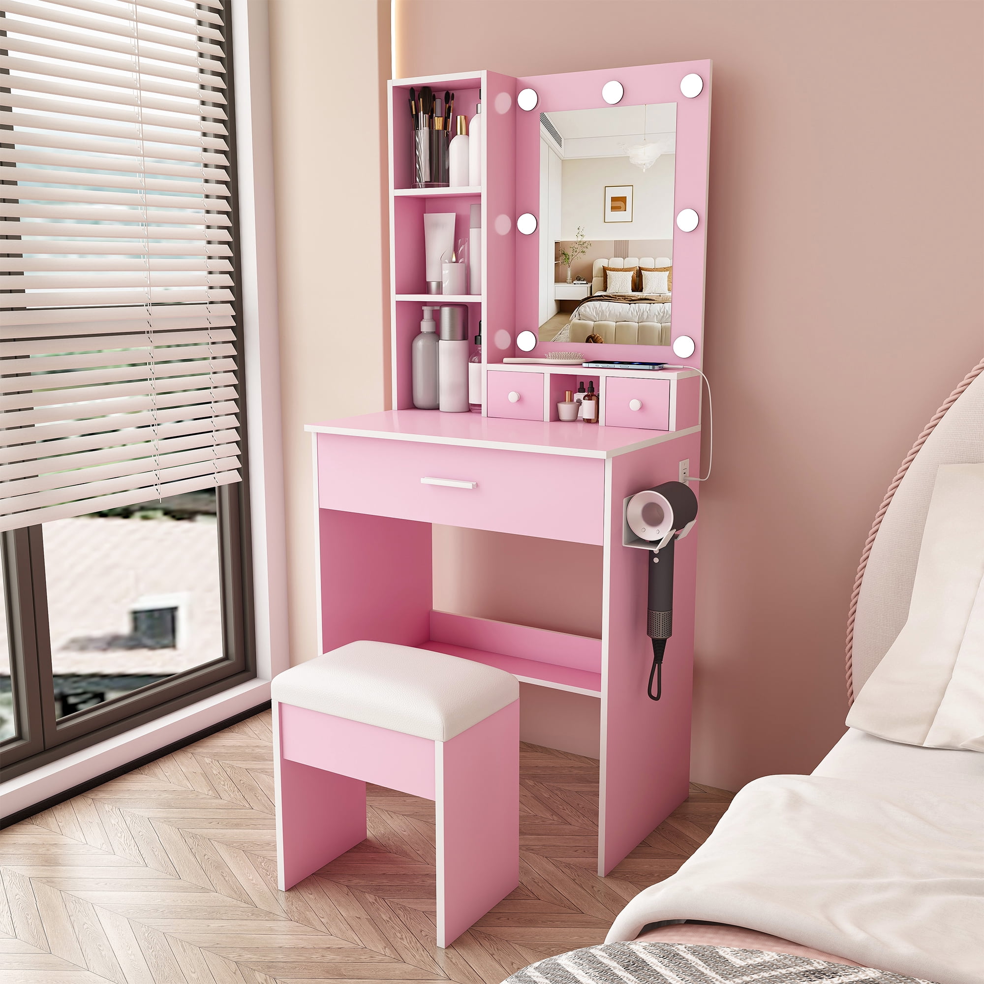 Compact Vanity Table Set with Adjustable LED Mirror, Power Outlet, Hairdryer Holder & Upholstered Stool, Makeup Dressing Desk for Small Bedroom
