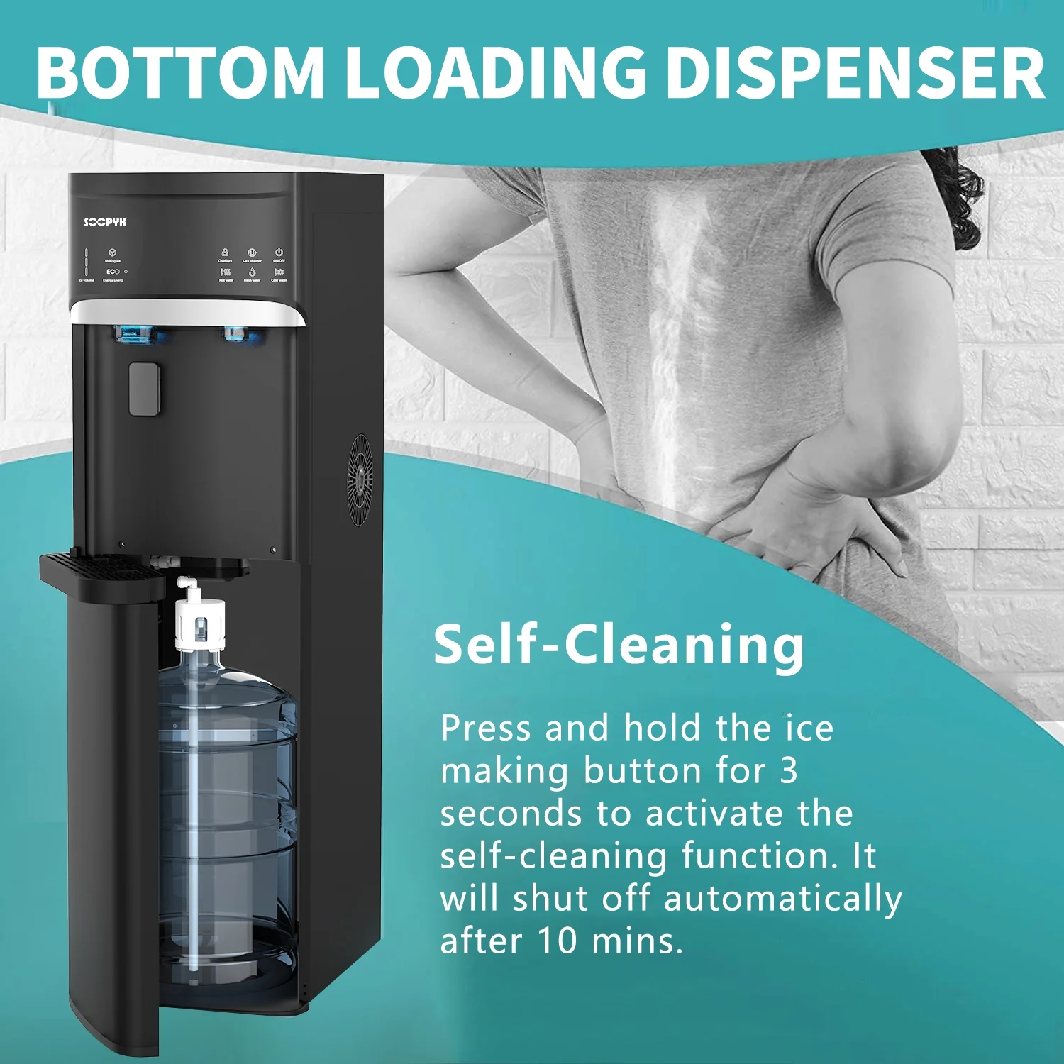 SOOPYK Bottom Load Water Dispenser with Built-In Ice Maker,3-Temp (Cold/Hot/Room), 22lbs/Day, Self-Clean, Child Lock | Fits 5 Gallon Bottles, Black
