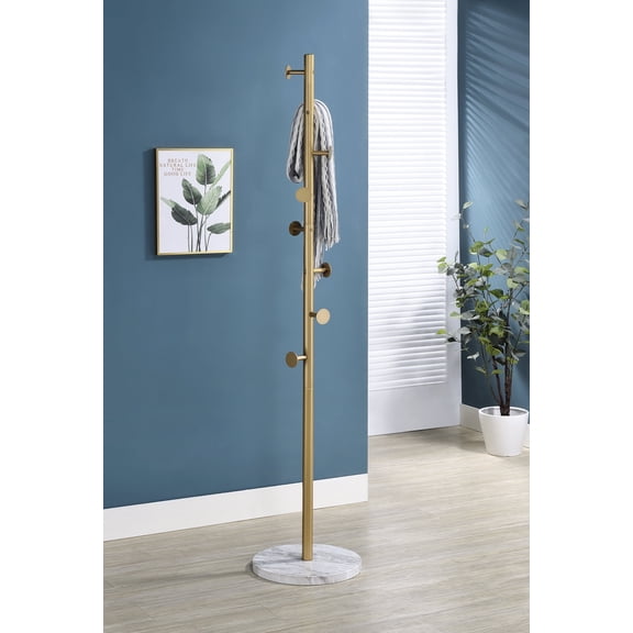 Kings Brand Furniture Freestanding Metal Hall Tree Coat Rack Stand with 8 Hooks for Entryway Hanging Clothes, Hats, Bags (Gold)