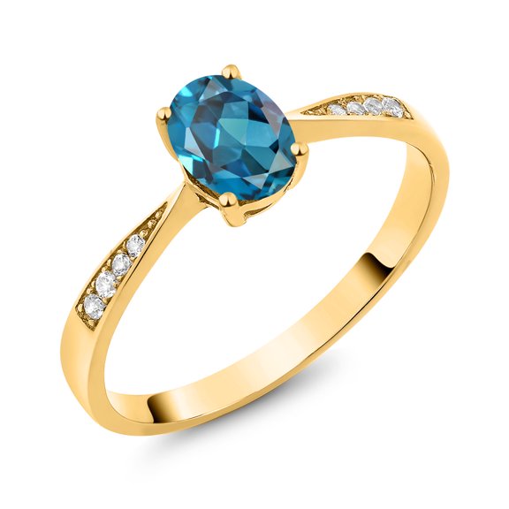 Gem Stone King 10K Yellow Gold London Blue Topaz and White Diamond Engagement Ring for Women (1.06 Cttw, Gemstone November Birthstone, Oval 7X5MM, Available in Size 5, 6, 7, 8, 9)