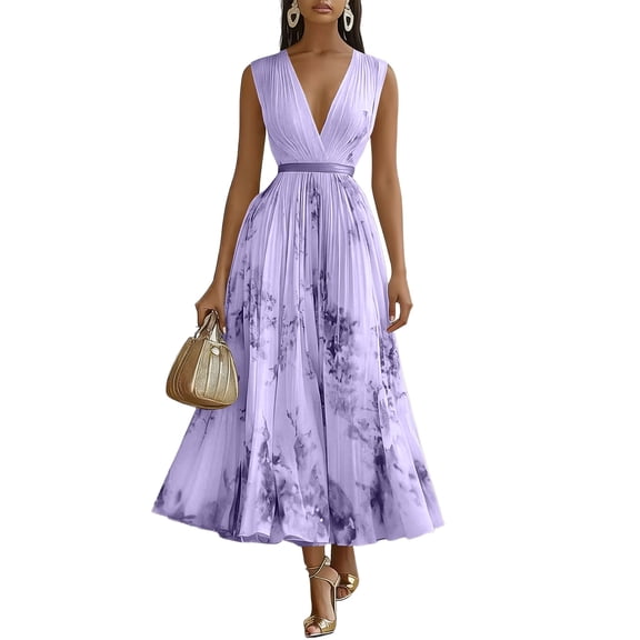 Womens Floral Pleated Midi Dress Sleeveless V Neck Flowy A Line Spring Wedding Guest Italian Style Party Dress