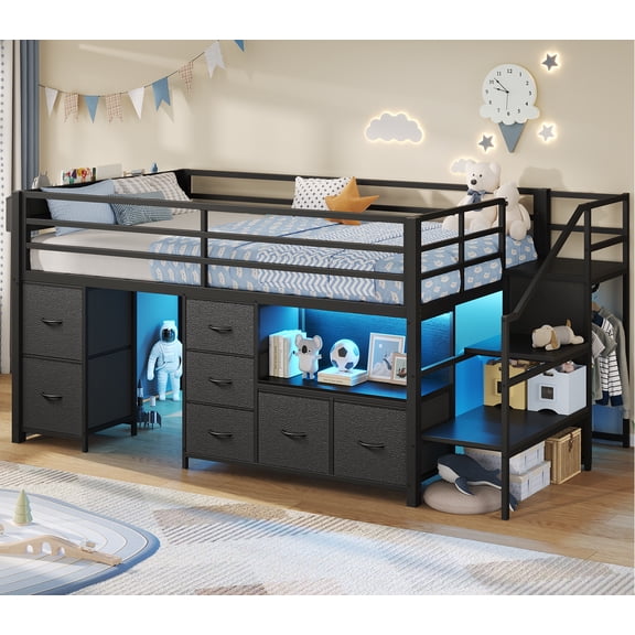 Afuhokles Low Loft Bed Twin Size with Stairs, 7 Drawers, Bookcase and Led Lights, Black