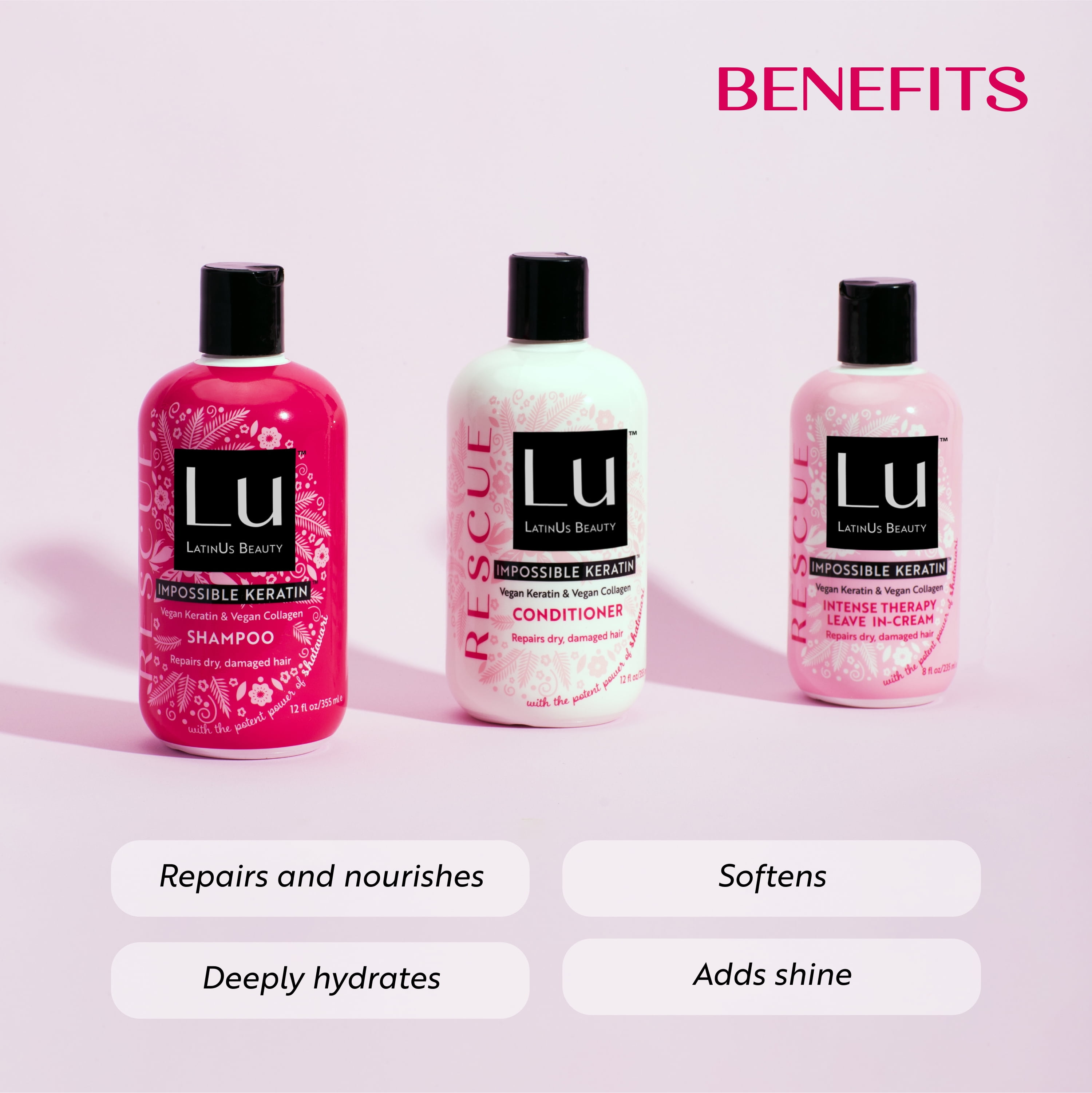 Lu by LatinUs Beauty RESCUE 3-Piece Repair & Restore Set: Shampoo, Conditioner, Cream (32 oz)