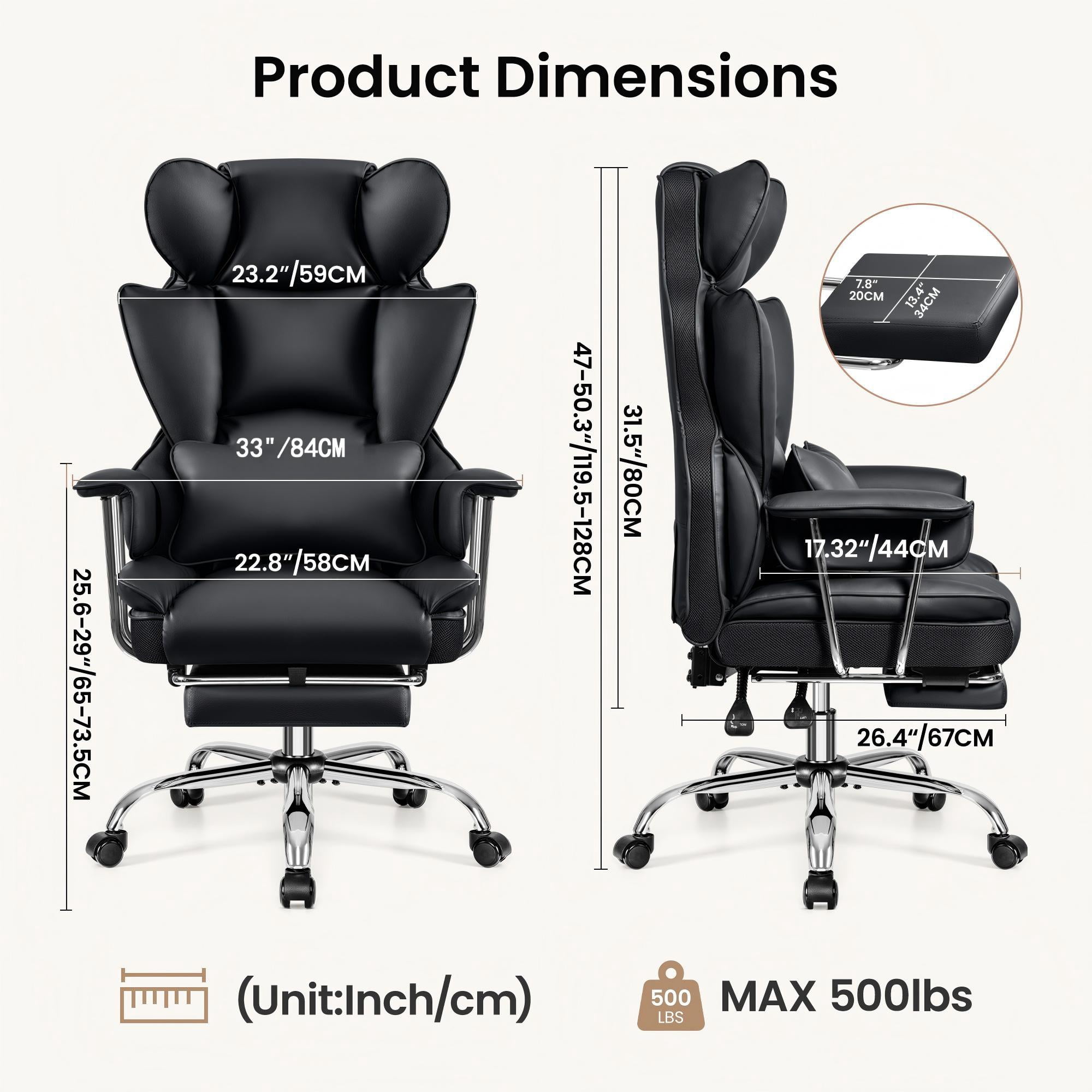 Primy High Back Office Chair, Big and Tall PU Leather Executive Chair with Footrest – Ergonomic Reclining Computer Desk Chair, High-Density Foam, Heavy Duty Swivel Rolling Chair, Black
