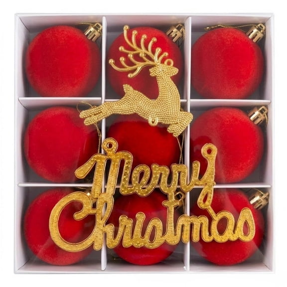 Christmas Decorations Deer Gift Box Embroidered Velvet Balls Ornament Set Festive for Tree Holiday Party Home Tabletop Mantel Decor